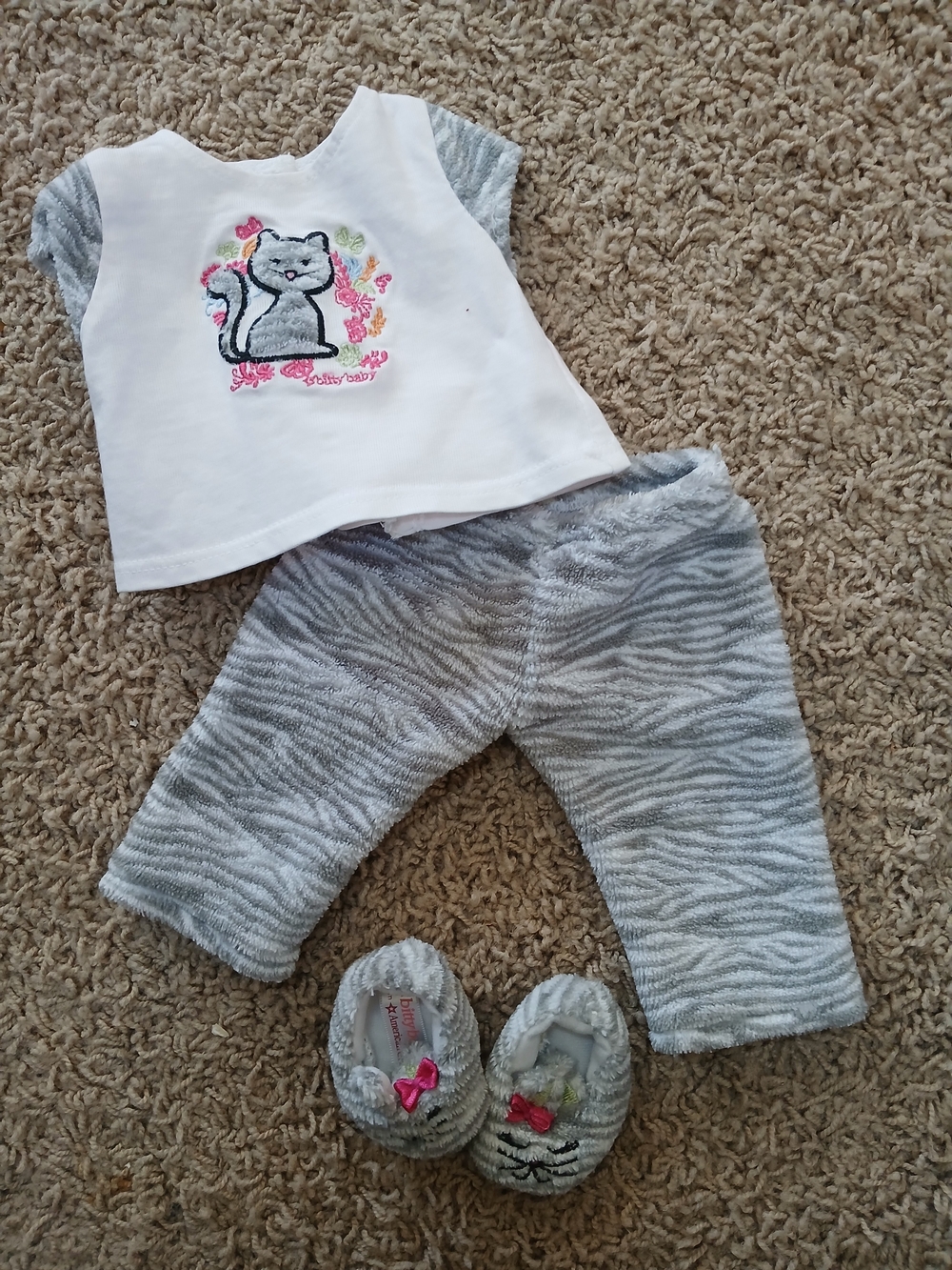 American Girl White Top and Gray Zebra Pajama Set with Slippers